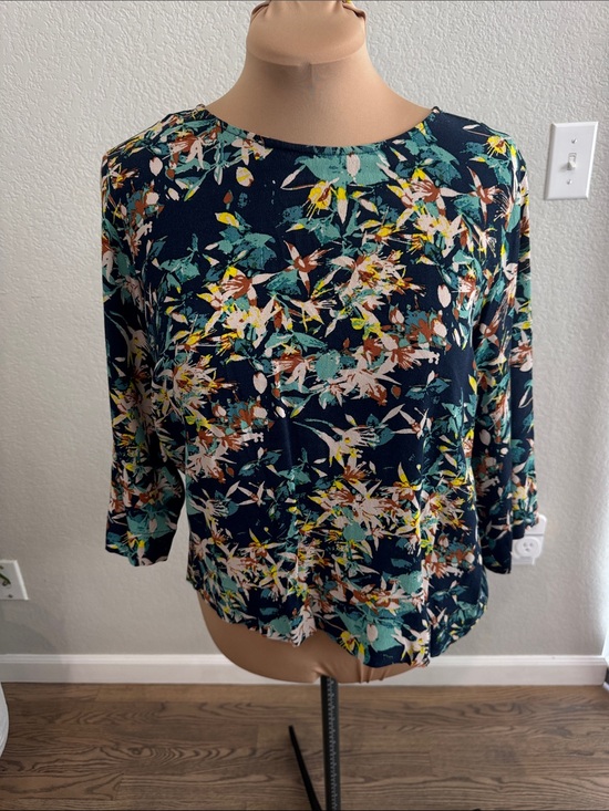 Sam & Lavi Tops - Sam & Lavi Navy Floral Print Blouse with Teal and Yellow Accents
